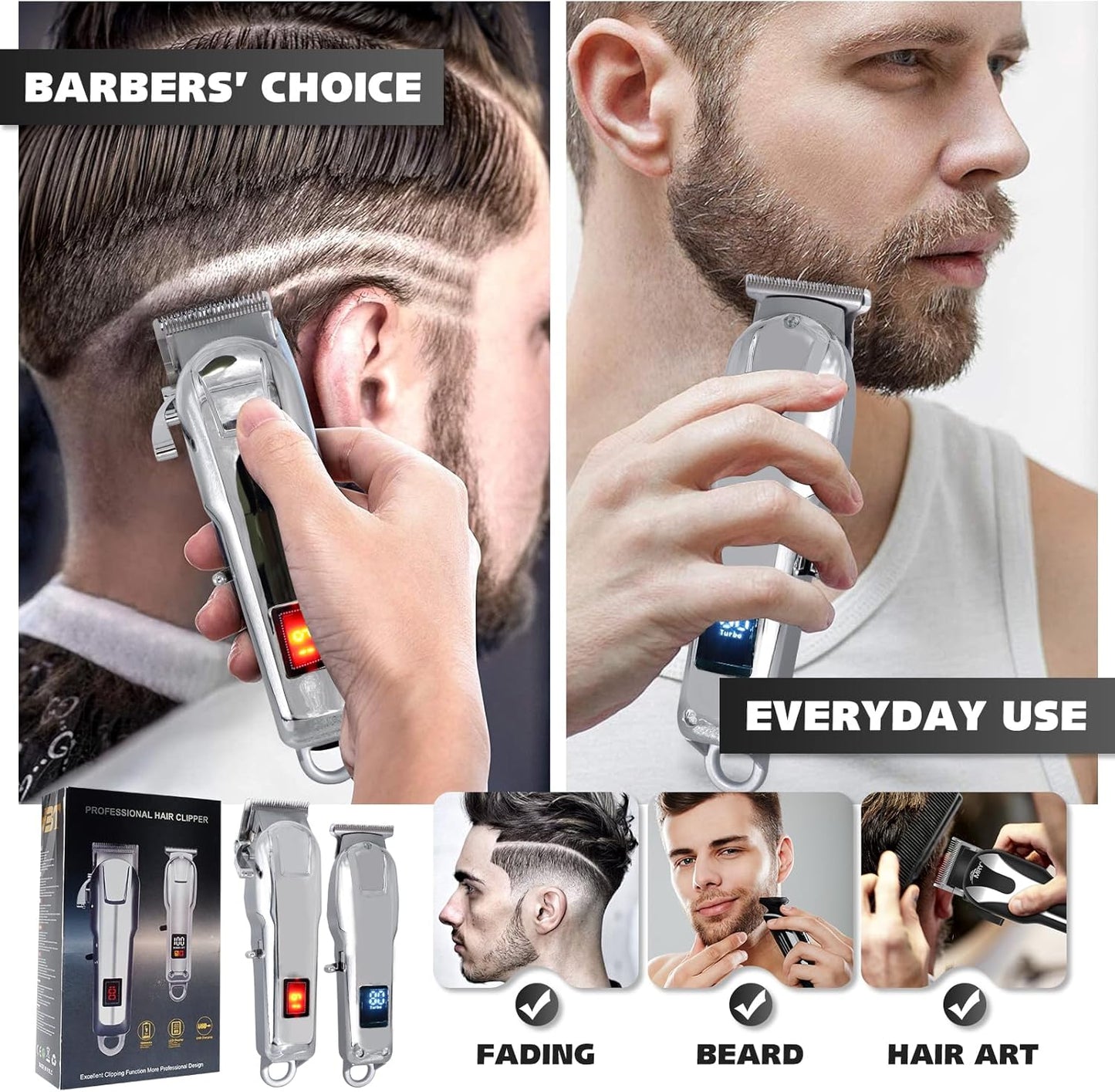 Professional Hair Clippers for Men, Cordless Trimmer Set with LCD Display, 7000rpm High-Speed Motor, Set of Tools for Home and Professional Hairdressers
