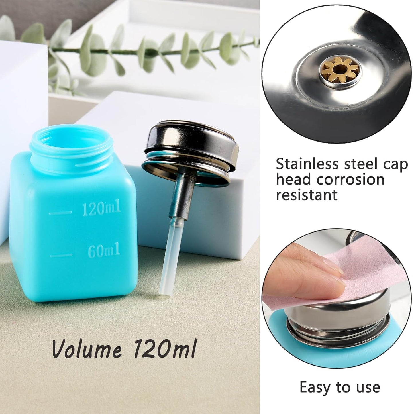 Pump Bottle Dispenser 120ml Nail Polish Remover Pump Metal Push Down Pump Dispenser 200Pcs Lint Free Nail Wipes Alcohol Dispenser Eye Makeup Remover Pump Push Down Empty Bottle -Blue