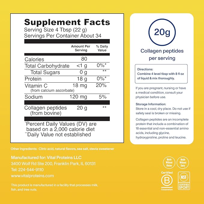 Vital Proteins Collagen Peptides Powder, Promotes Hair, Nail, Skin, Bone and Joint Health, Lemon 26.5 Ounce