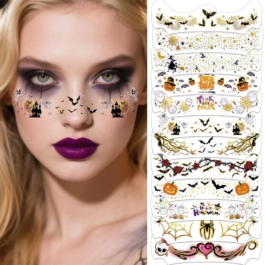 12 Sheets Halloween Face Temporary Tattoo, Ghost Skull Witch Bat Spider Pumpkin Rose Waterproof Fake Tattoos Face Makeup Freckles Patches For Women Girls Halloween Festival Party Supply