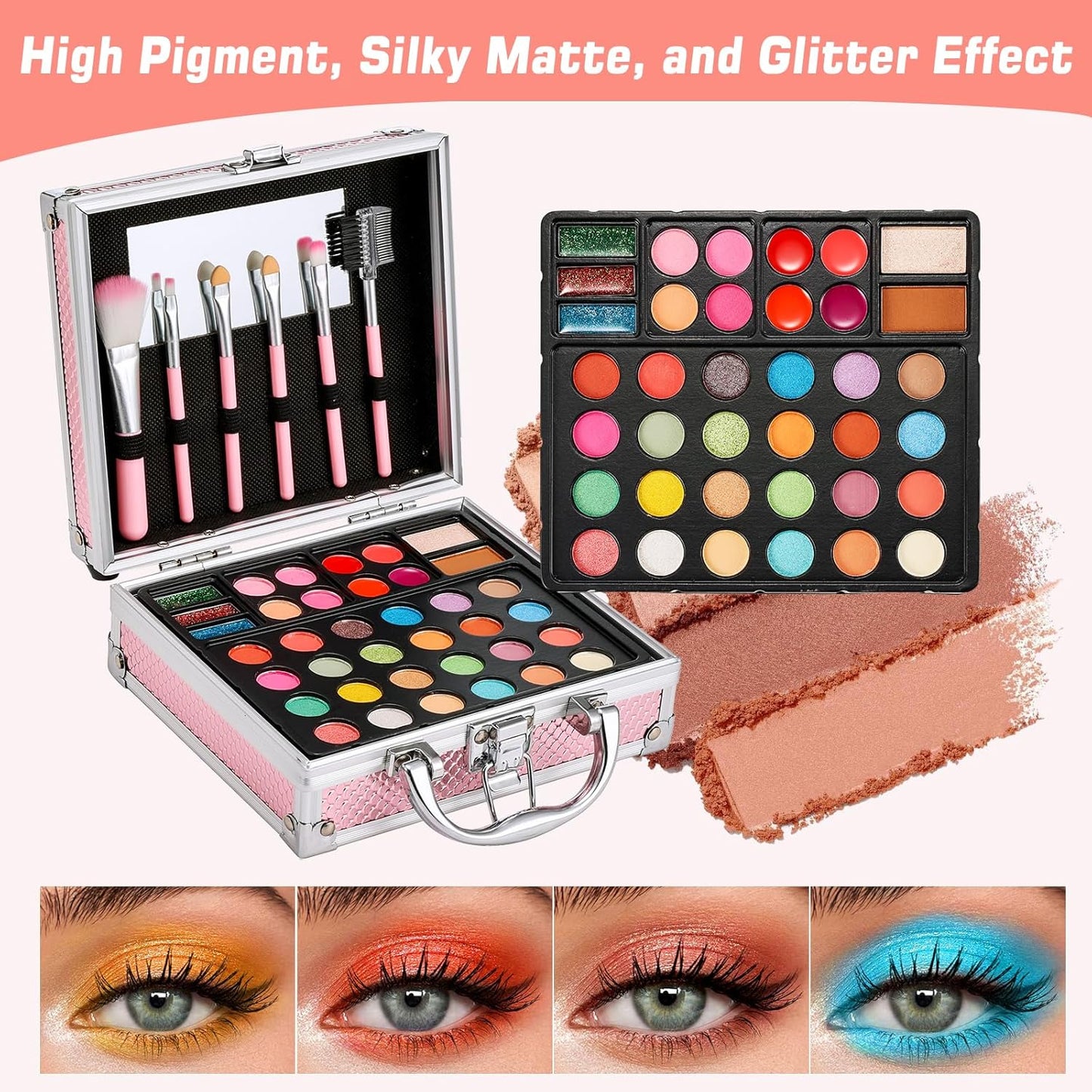 Anpro All-In-One Makeup Carry Case with Pro Teen Makeup Set, Full Starter Cosmetics Kit with Makeup Brushes, Eye Shadows Palette, Blushes, Glitter Gel, Temporary Tattoo Stickers - Blue, Style04