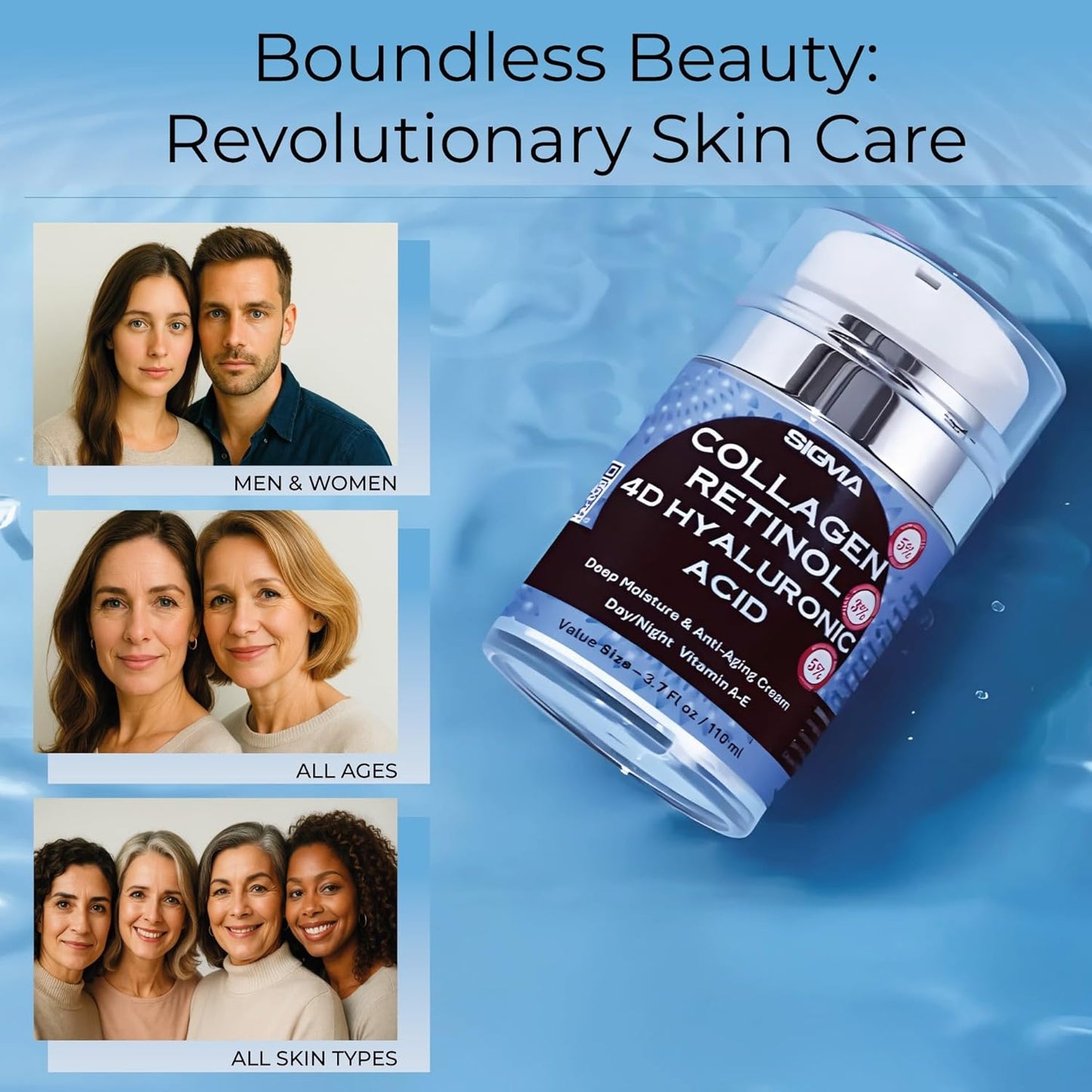 Anti-Aging Face Cream $6.47/oz - 5% Marine Collagen 3% Retinol 5% Hyaluronic Acid - Wrinkle Firming Moisturizer Face Neck - Professional Strength 3.7oz - 1 Finger Cream Dispenser