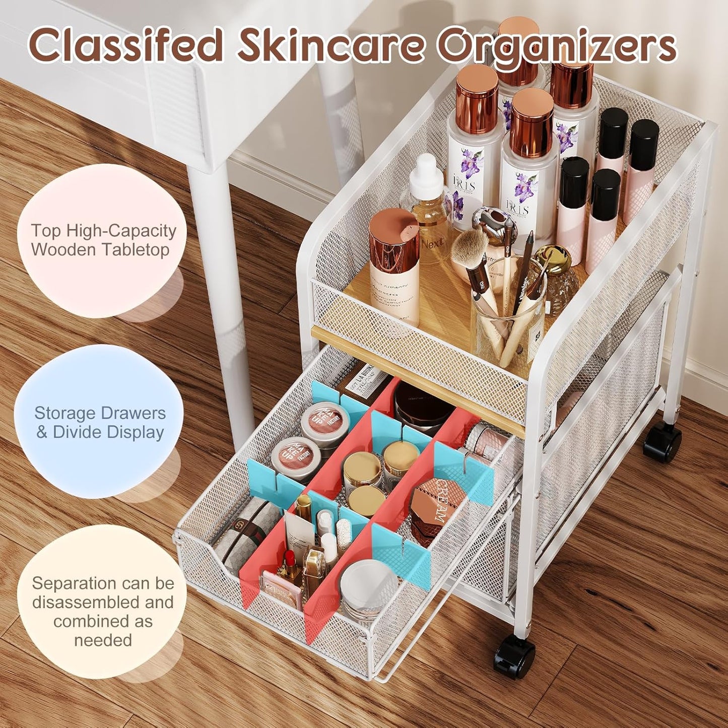 Rolling Makeup Cart Organizer with 2 Drawers, Narrow Floor Skincare Organizers, Vanity Organizer Cosmetics Display Cases Holder for Skin Care Nail Polish Perfume Makeup Brush, White