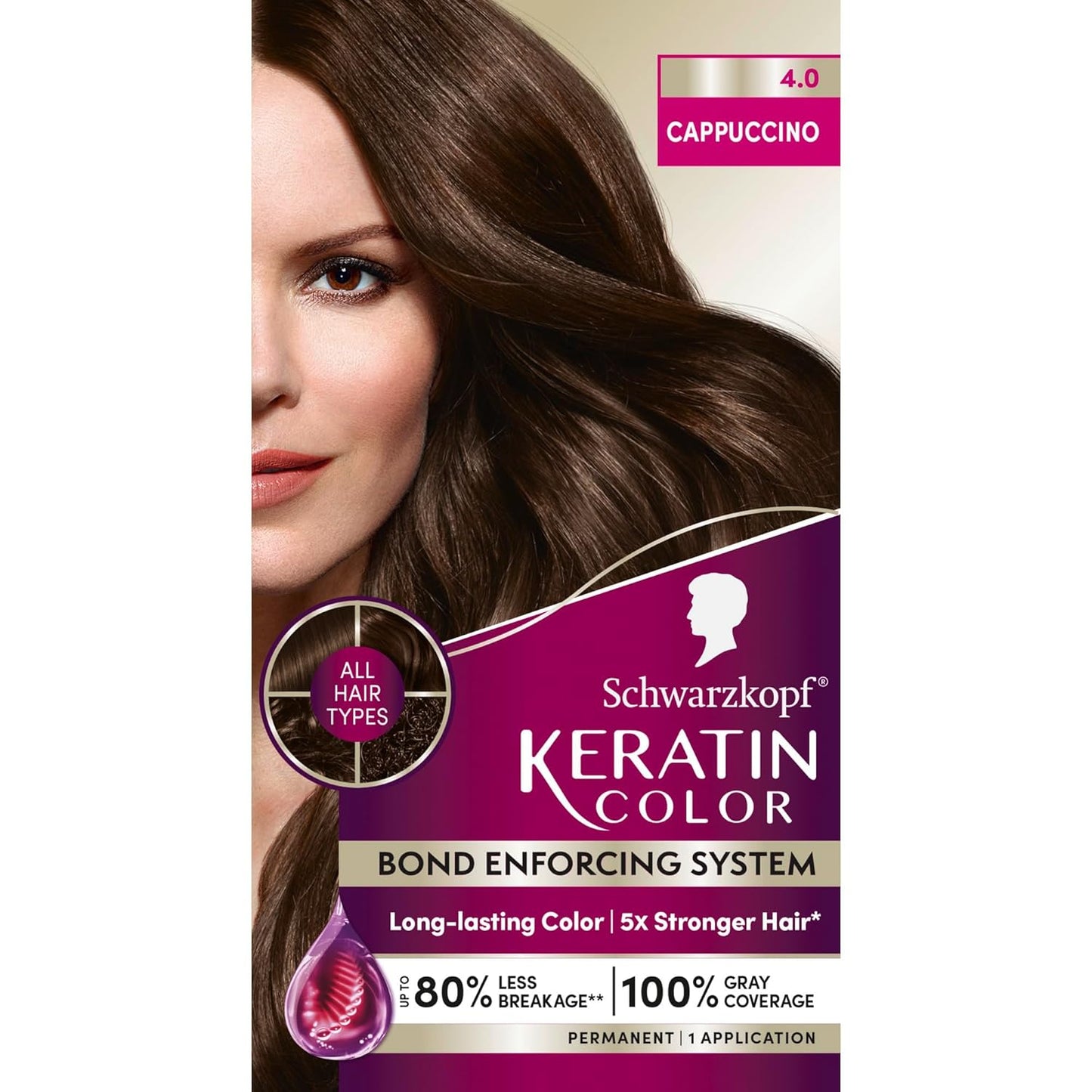 Schwarzkopf Keratin Permanent Hair Dye Cream, 4.0 Cappuccino, Professional Quality Color for Up to 100% Gray Coverage, Bond Enforcing System