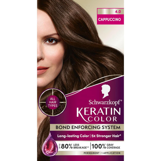 Schwarzkopf Keratin Permanent Hair Dye Cream, 4.0 Cappuccino, Professional Quality Color for Up to 100% Gray Coverage, Bond Enforcing System
