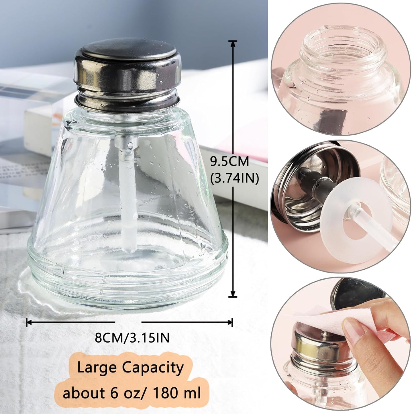 Pump Bottle Dispenser 180ml Clear Nail Polish Remover Pump Glass Metal Push Down Pump Dispenser 200Pcs Lint Free Nail Wipes Alcohol Dispenser Eye Makeup Remover Pump Push Down Empty Bottle