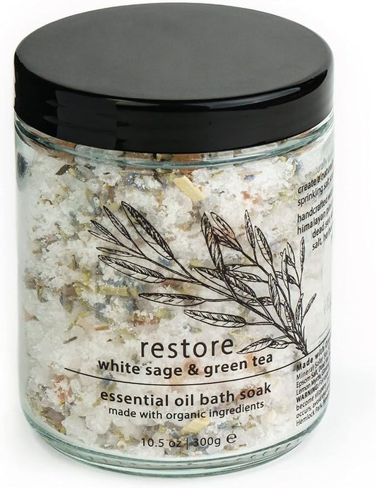 Hemlock Park Restore Essential Oil Bath Soak | Naturally Soothing Mineral Sea Salt and Botanicals | 10.5 oz Jar | White Sage & Green Tea