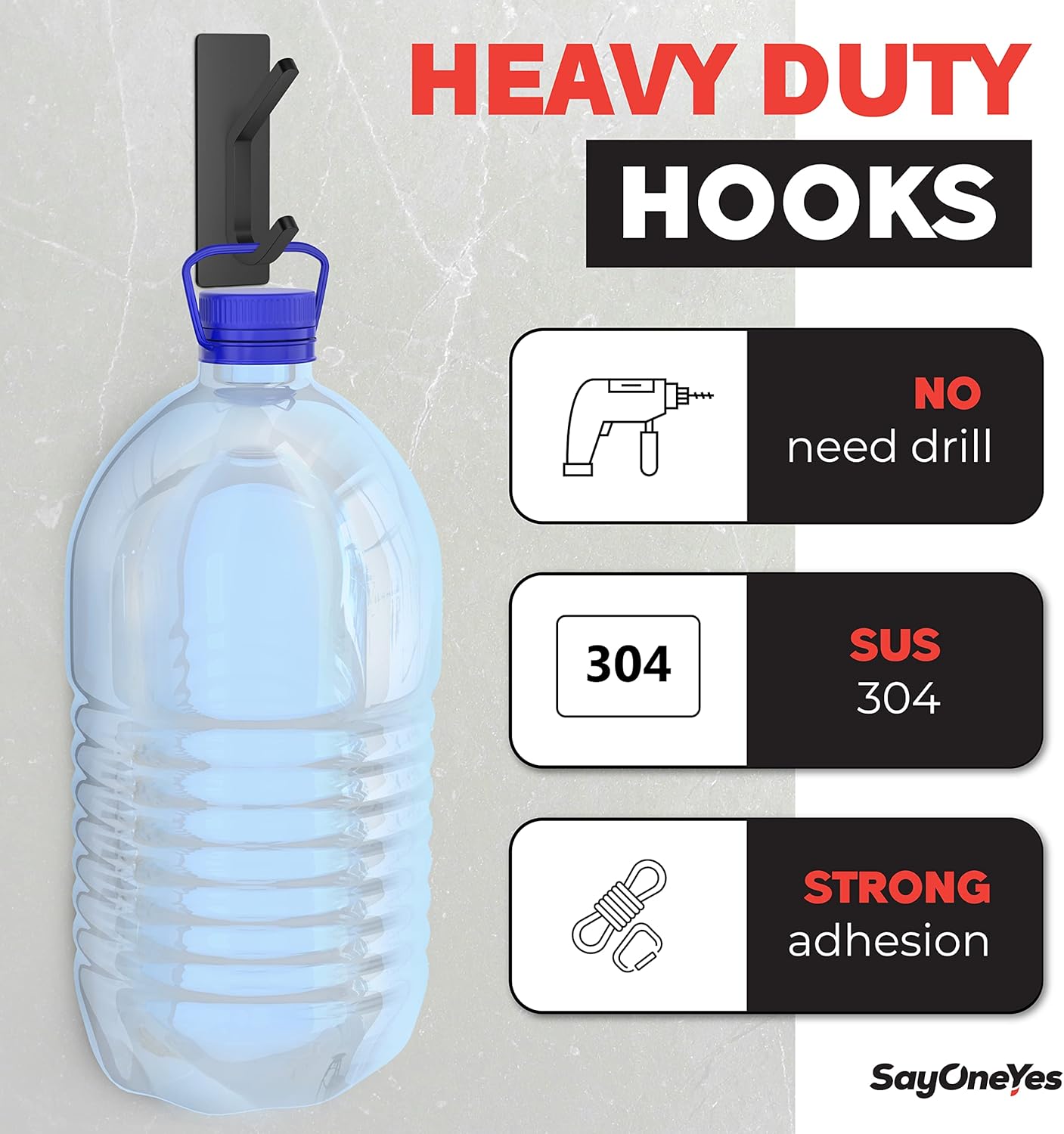 Matte Black Self Adhesive Towel Hooks for Bathroom Wall Door Mounted - SUS304 Stainless Steel Strong Strips Stick on 3M Wall Hooks for Hanging Coat, Hat, Bag, Key, Jacket – 5 Pack