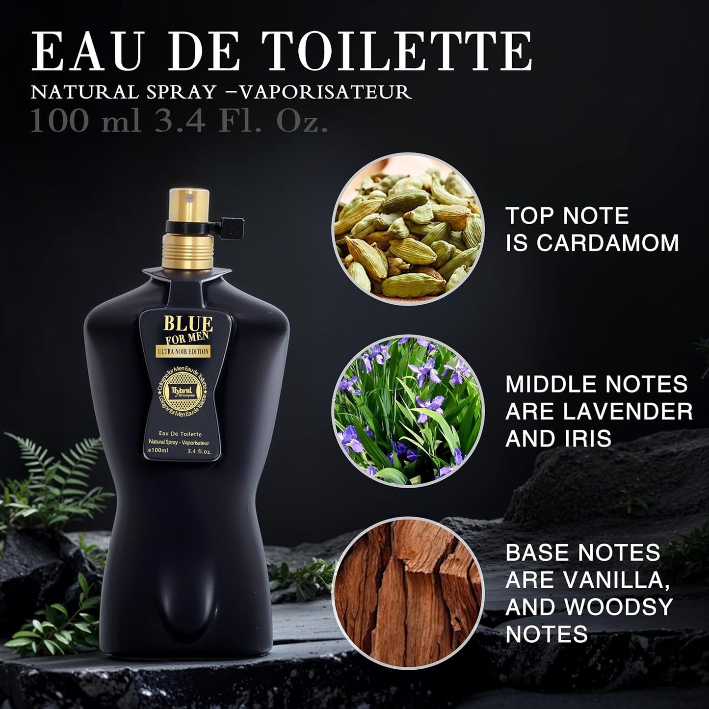Hybrid & Company Blue For Men Ultra Noir Eau De Toilette Vaporisateur Natural Spray 3.4 Fl Oz