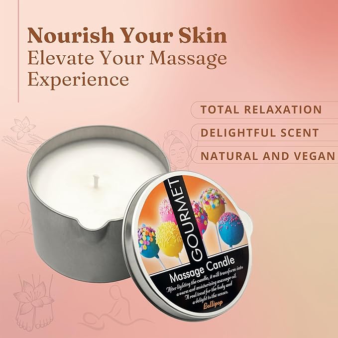 GOURMET COLLECTION Massage Oil Candle Lollipop Scent - Vegan Moisturizing Body Oil - Ideal for Massage Therapy, Luxurious Experience 6.76oz