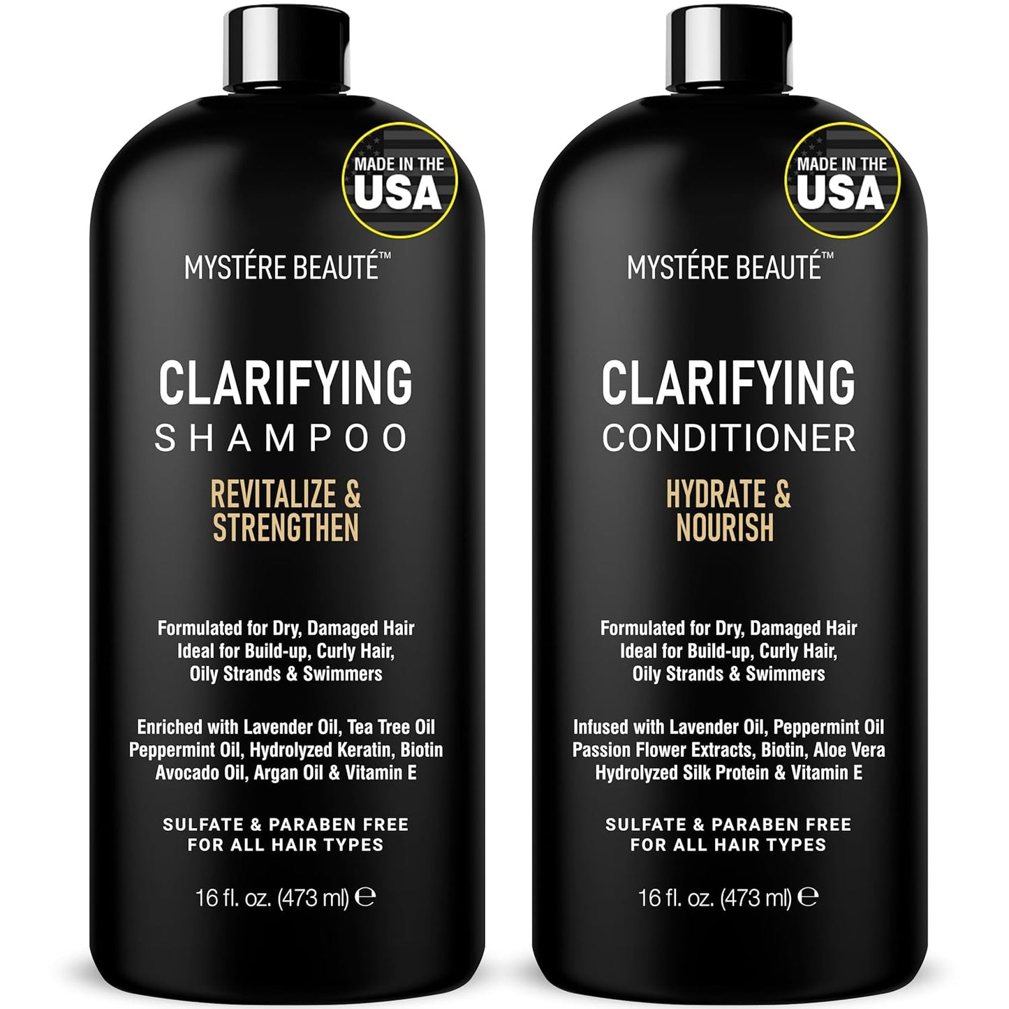 Clarifying Shampoo and Conditioner Set- Hydrating, Calming & Removes Buildup, For All Hair Types, Clarifying Cleanse for Dirt, Oil & Hard Water Buildup, for Men Women MYSTÉRE BEAUTÉ - 16 fl oz each