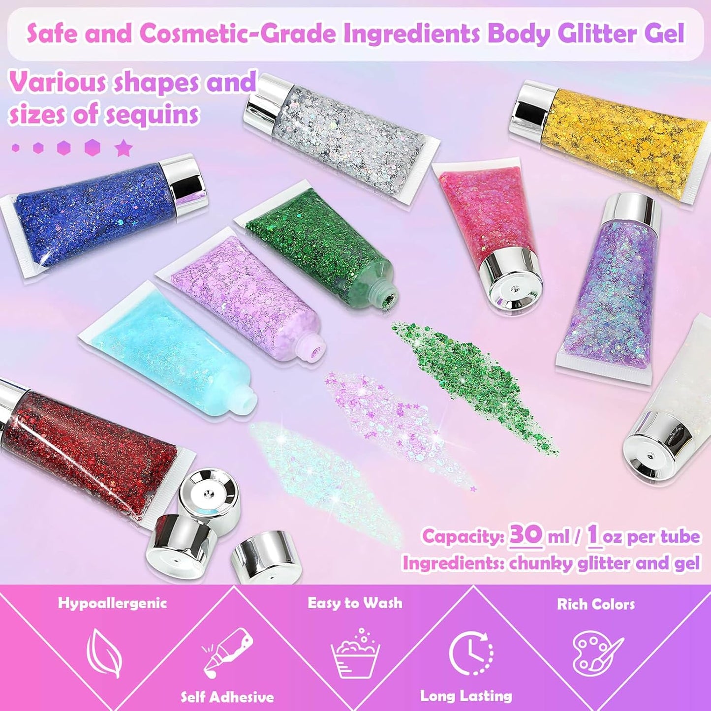 10 Colors Body Face Glitter Gel for Skin and Hair, Makeup Sparkles Rave Accessories for Festival Outfits, Mermaid Decorations, Disco Cowgirl, Mardi Gras