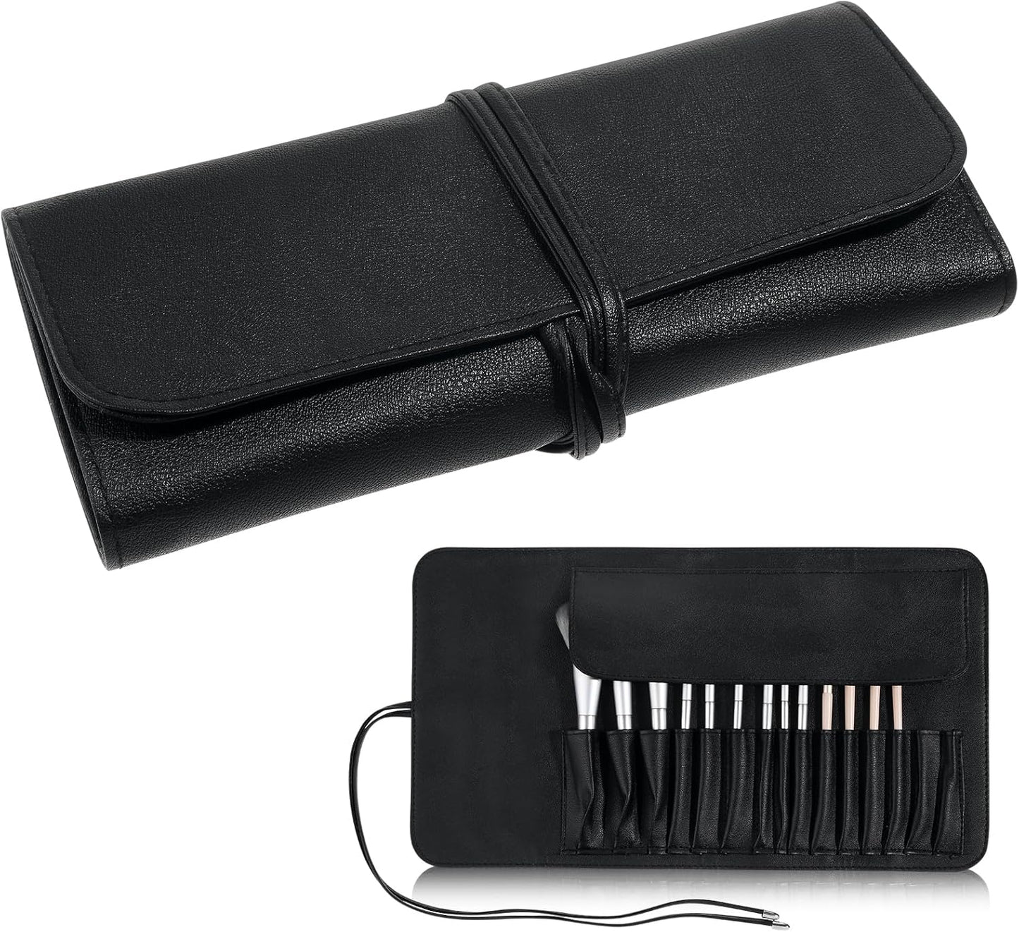 Makeup Brush Case Travel, Makeup Brush Case Roll Up, Brush Holder Organizer Pouch Cosmetic Bag for Travel, Rolling Bag Storage Case PU Leather