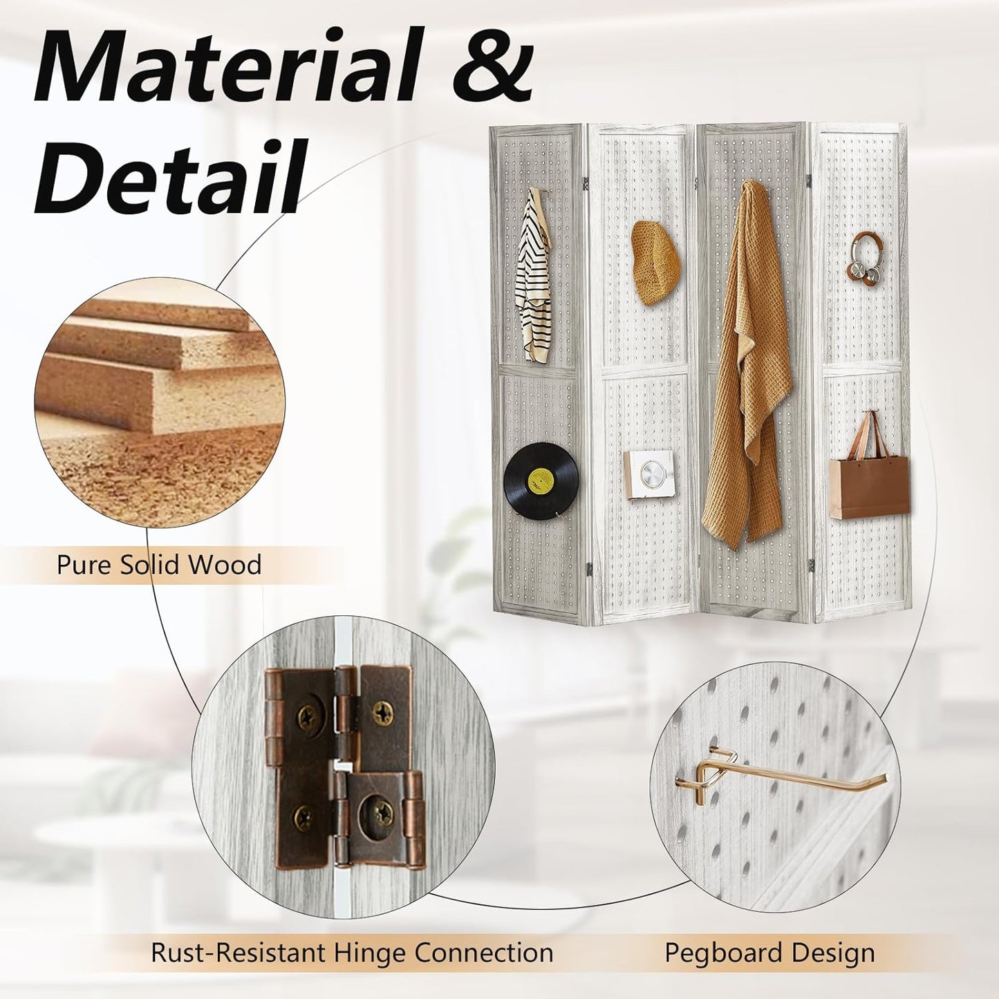 Room Divider, Room Partitions and Dividers, 4 Panel Room Divider Panel, Pegboard Display Board with 16 Hooks for Bedroom, Bazaar, Jewelry Display Stand, White