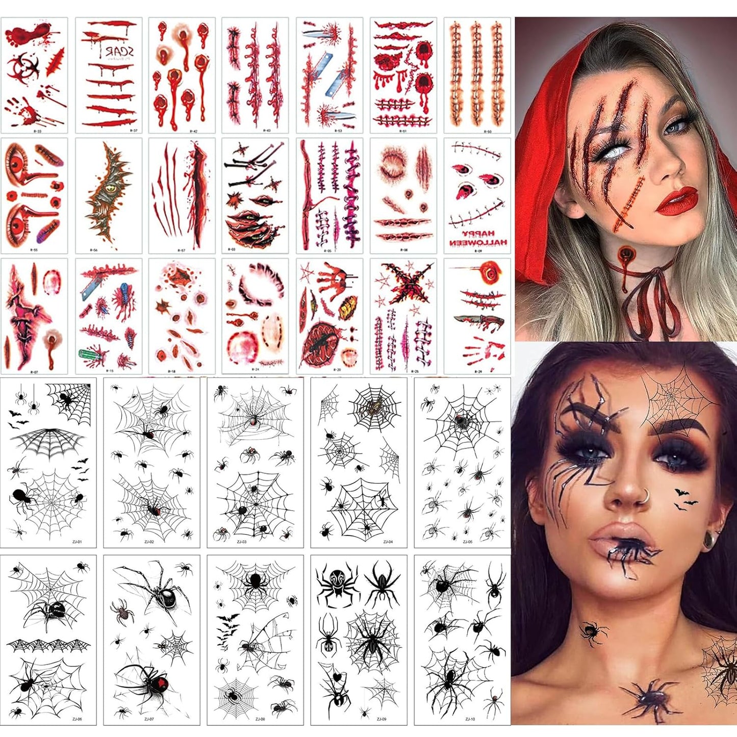 40 Sheets 3D Spider Web&Fake Scar Temporary Tattoos Halloween Makeup Kit, Witch Zombie Realistic Fake Bat Face Tattoos Stickers For Women Adults Kids Men (Halloween)