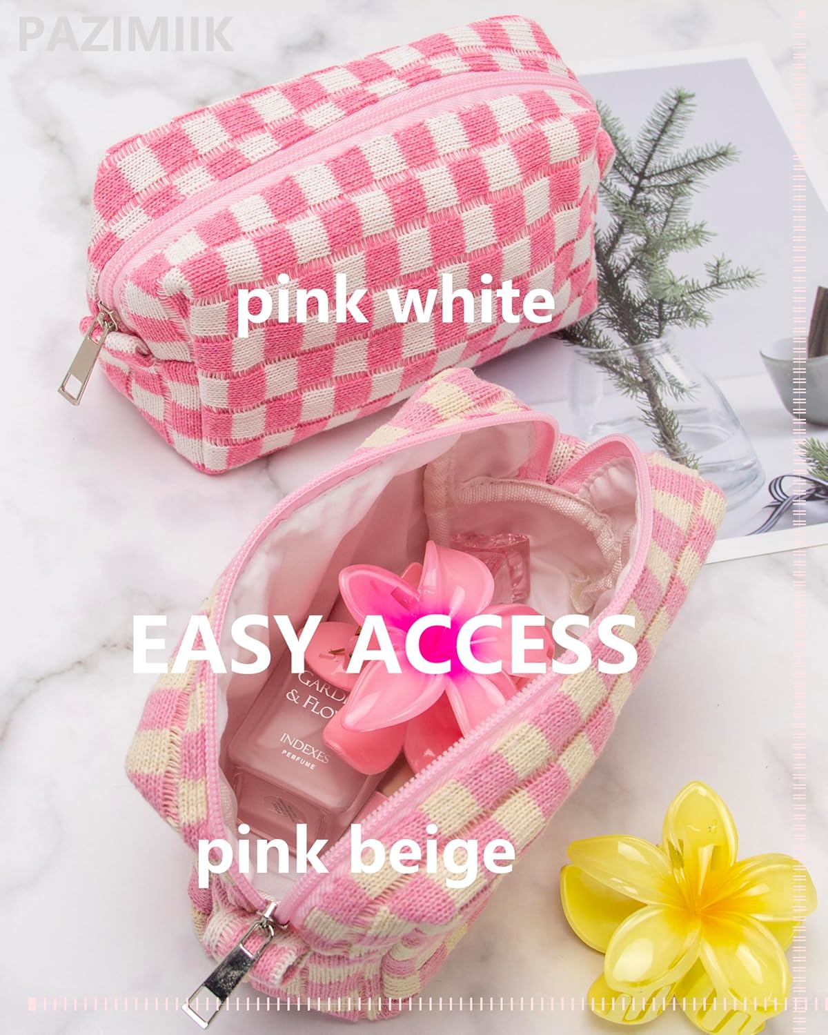 PAZIMIIK 2PCS Checkered Makeup Bag for Purse Portable Zipper Make Up Pouch Small Cosmetic Case for Travel Accessories Pink Beige