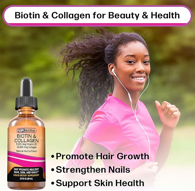 SBR Nutrition Biotin and Collagen Liquid Daily Dietary Supplement, Vitamins for Hair Growth and Thickening, Skin Health and Nail Strength, 2 oz (60mL)