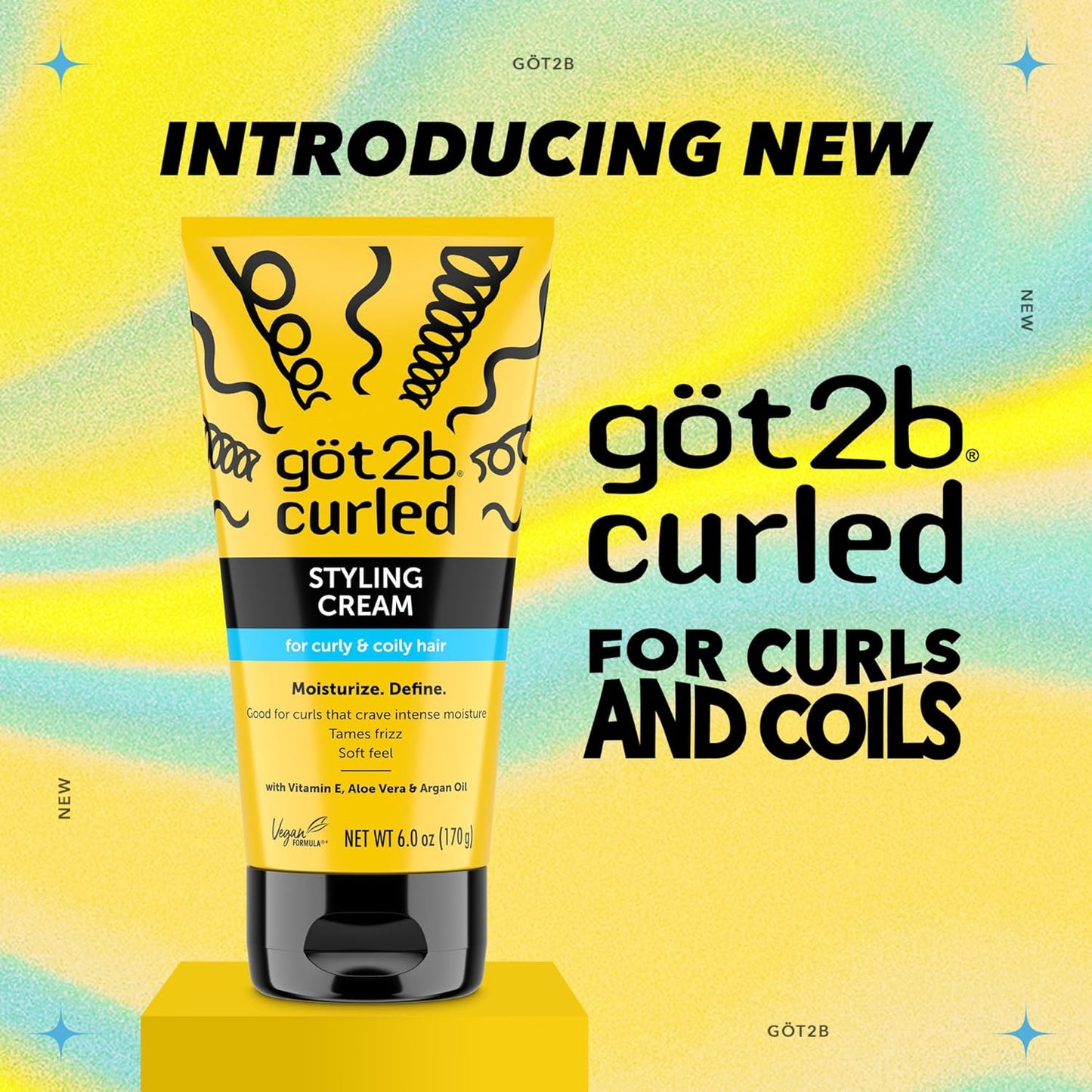 Got2B Curled Styling Cream, 6 Fl Oz, Curl Defining & Moisturizing Hair Cream for Coily & Curly Hair, Provides Frizz Control & Soft Feel for Type 3-4 Curls, Made with Vitamin E, Aloe Vera & Argan Oil