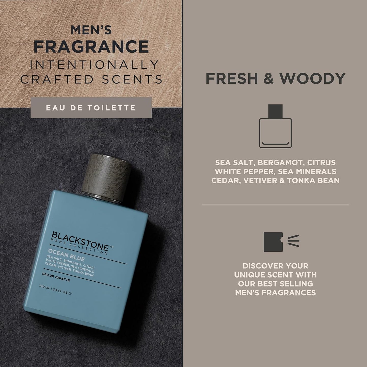 Blackstone Mens Collection Eau de Toilette – Ocean Blue | Men’s Fragrance, Fresh & Long-Lasting Cologne with Sea Salt, Citrus & Cedar | Everyday Fragrance, Travel Size ,3.4 Fl Oz