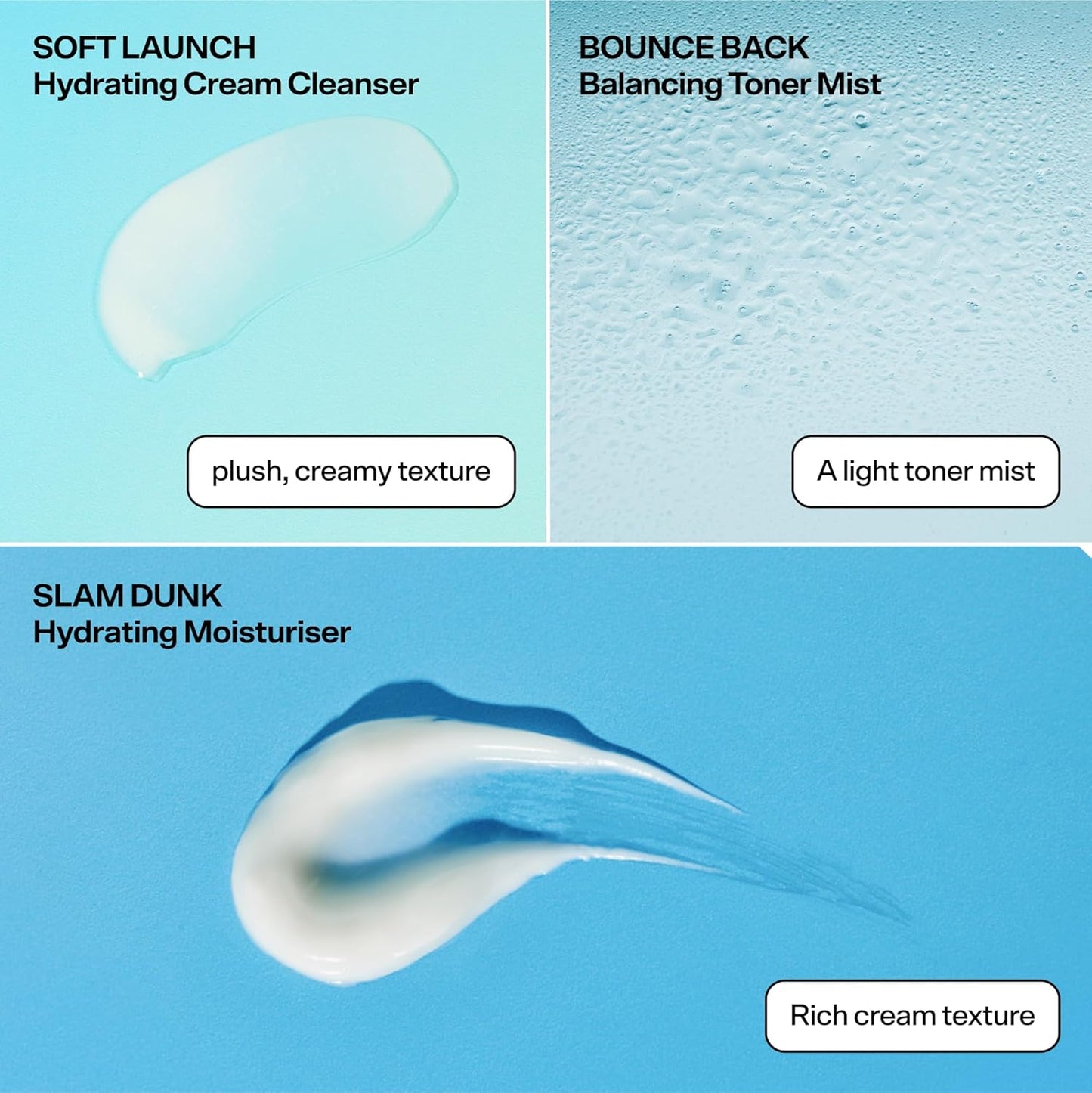 Bubble Skincare Silky Season 3-Step Hydrating Skin Care Set - Travel Size Skincare for Dry Skin - Soft Launch Cream Cleanser, Bounce Back Hydrating Toner Spray & Slam Dunk Moisturizer (3 Count)