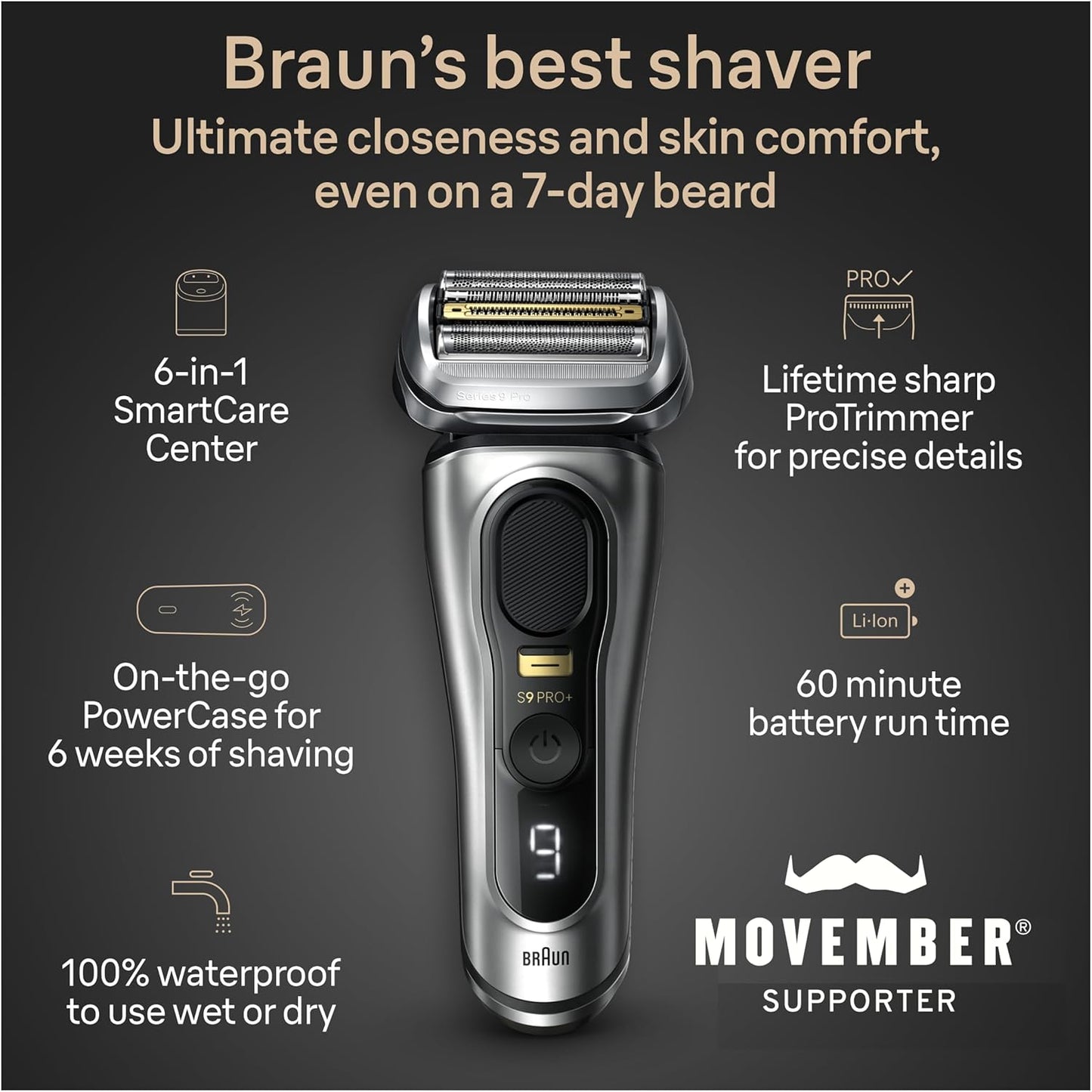 Braun Series 9 PRO+ 9577cc Electric Razor for Men, 5 Pro Shave Elements & Precision Long Hair Trimmer, 6in1 SmartCare Center, PowerCase for Mobile Charging, Wet & Dry, 60min Battery Runtime