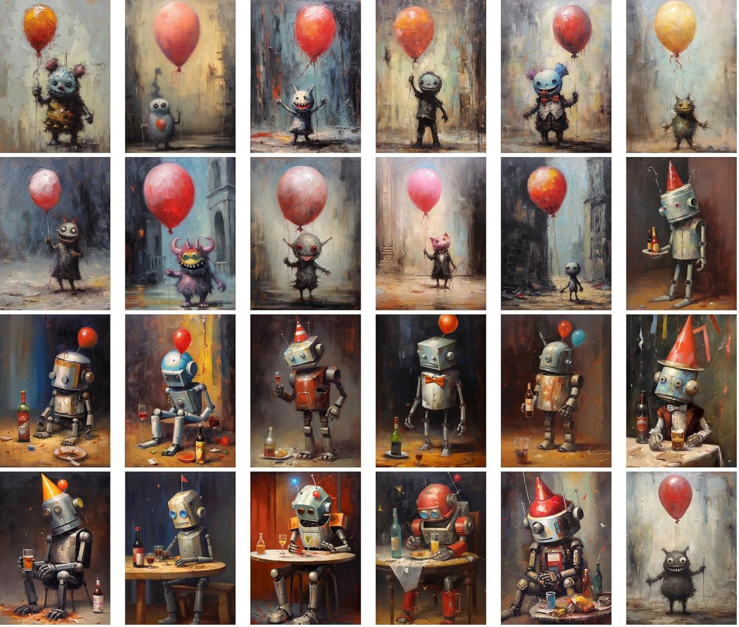 PIXILUV Vintage Postcards (24 pcs 4"x6" each) Little Creatures and Robots with Ballons Vintage Postcards Retro Greeting Card Book Illustration Reprint