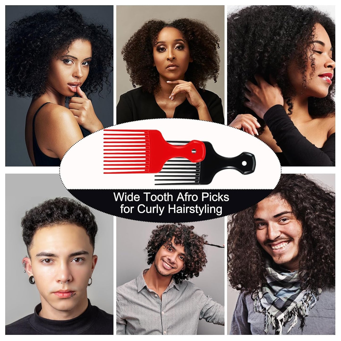 2 Pcs Hair Pick Comb Wide Tooth Lift for Hair Styling Detangling Plastic Afro Comb for Women Men (Black, Red)