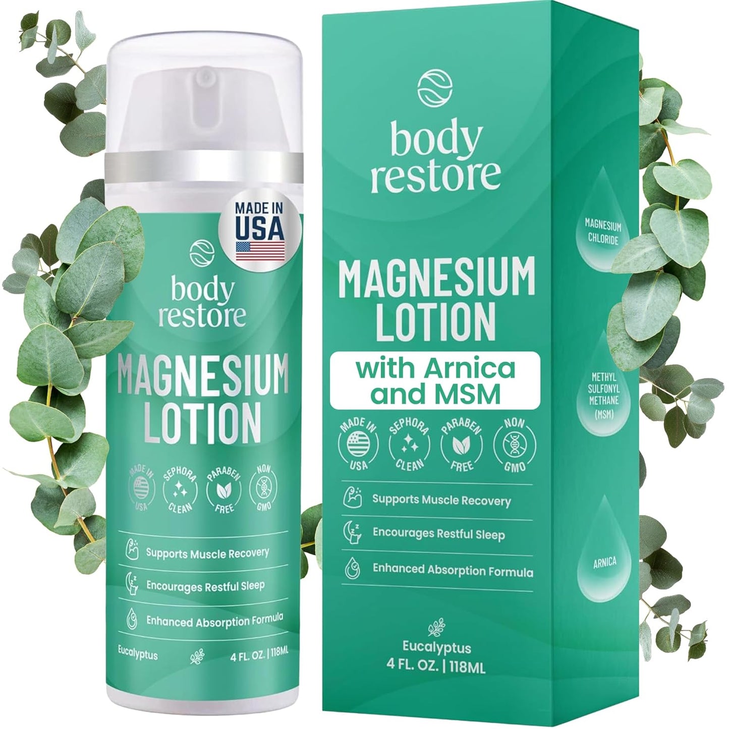 Body Restore Magnesium Lotion with Arnica & MSM - Christmas Stocking Stuffers, White Elephant, Sleep Support, Muscle & Joint Relief, Birthday Gifts for Women, Men, Travel Essentials - Eucalyptus