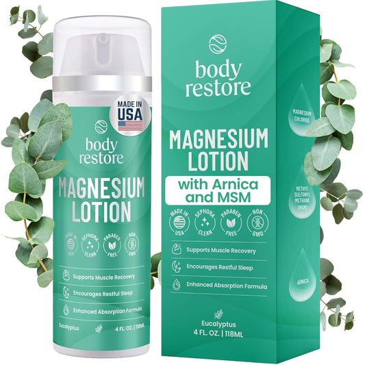 Body Restore Magnesium Lotion with Arnica & MSM - Christmas Stocking Stuffers, White Elephant, Sleep Support, Muscle & Joint Relief, Birthday Gifts for Women, Men, Travel Essentials - Eucalyptus