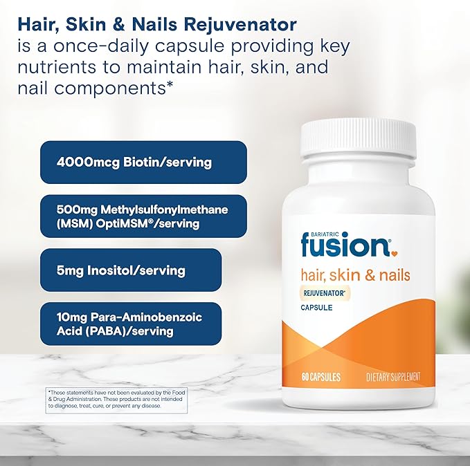Bariatric Fusion ONE Per Day Bariatric Hair Skin and Nails Vitamins REJUVENATOR for Women | Vegan Hair Growth Vitamins with Biotin, Vitamin B12, and B1 | Easy to Swallow | 60 Capsules