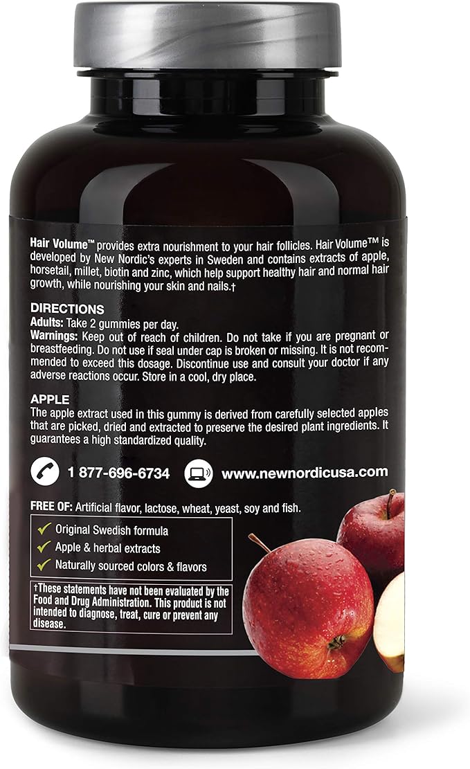 NEW NORDIC Hair Volume Gummies, 2500 mcg Biotin, Daily Hair Vitamins Supplement to Support Hair Skin & Nails, Vegan, 60 Count (Pack of 3)