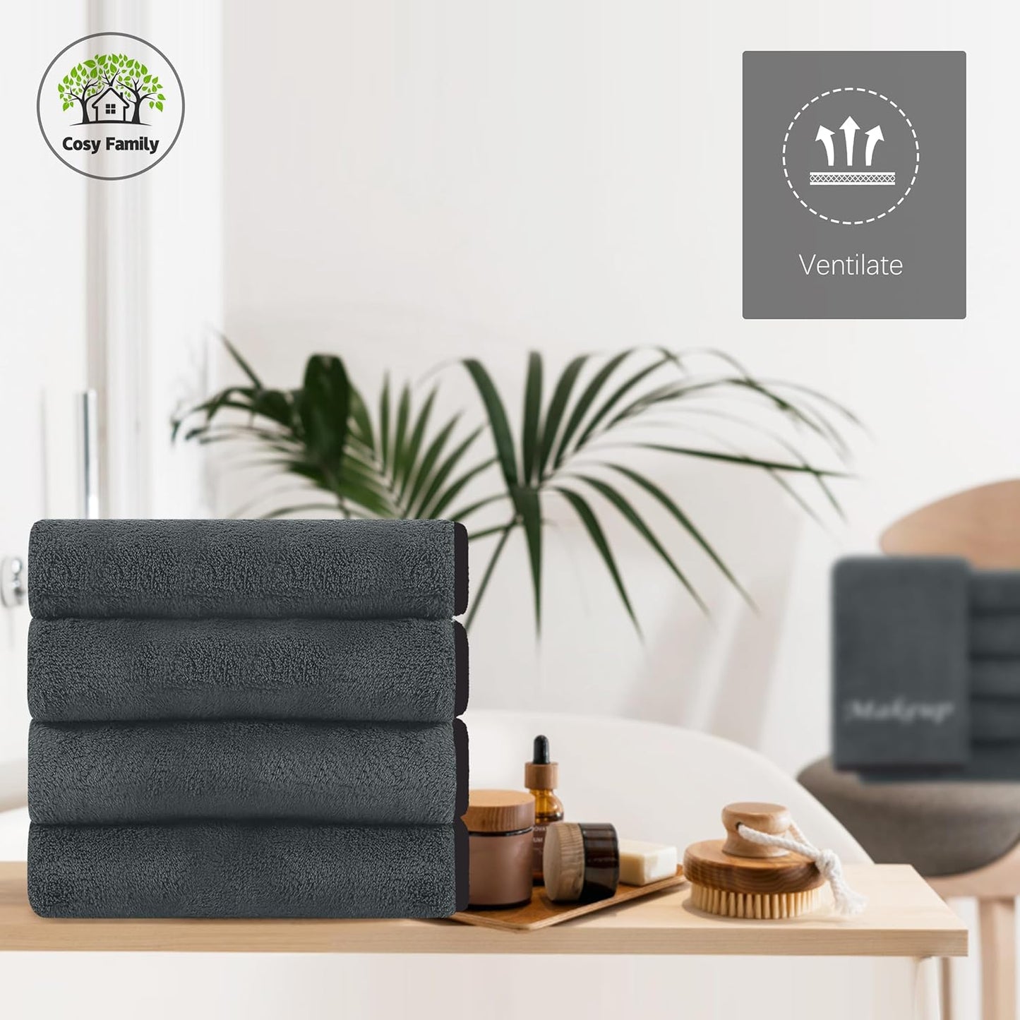 Cosy Family 10 Pack Makeup Remover Wash Cloths - Soft Microfiber Fingertip Facial Cleansing Cloths for Hand and Make Up, 12 x 12 in, Black Grey