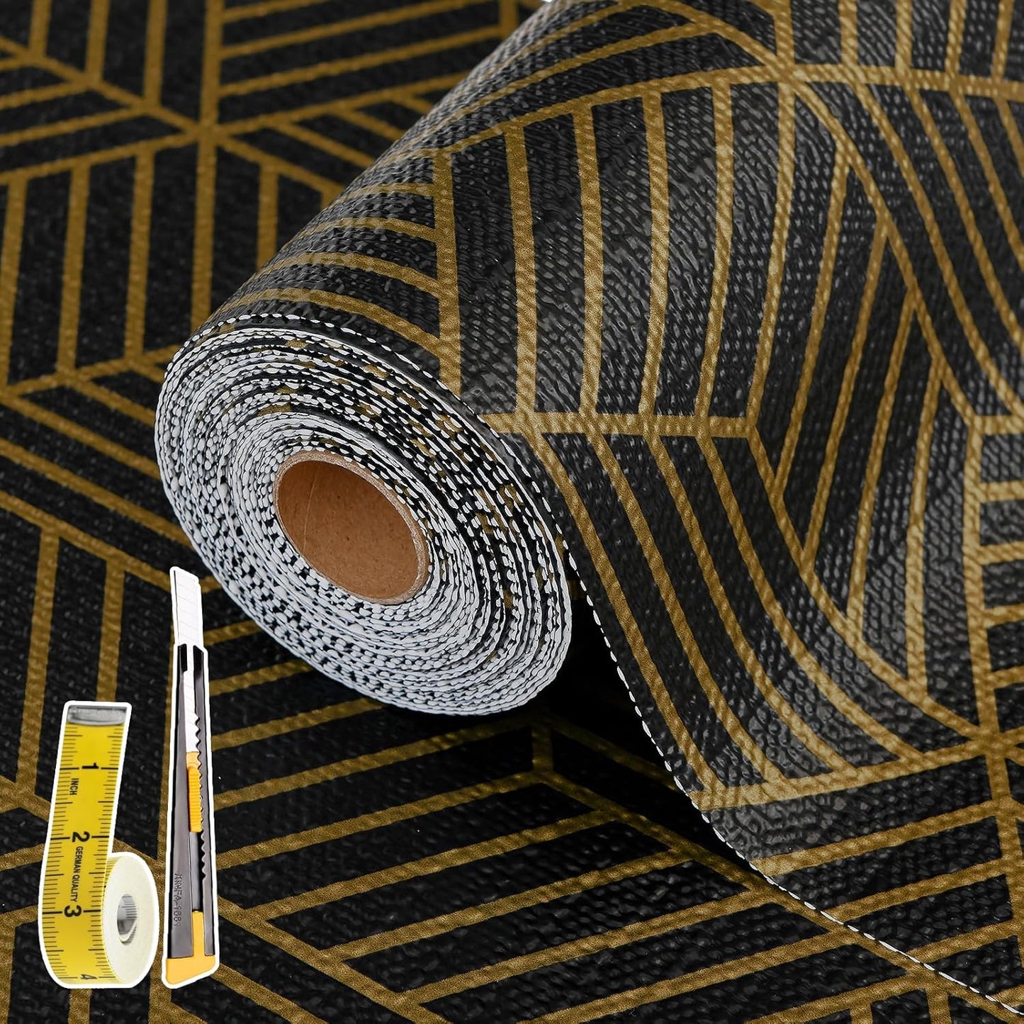 Shelf Liners for Kitchen Cabinets 23in x 20FT, Non Adhesive Cabinet Liner Strong Non-Slip Black Gold Geometric Drawer Liner, Easy to Clean for Shelf, Cabinet with Knife and Tape Measure