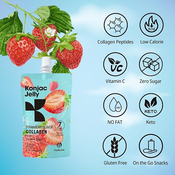 Konjac Jelly Strawberry Flavor with Collagen Peptides 10 Packs and Konjac Rice Gluten Free 12 Packs Low Calorie, Keto, Sugar Free, Healthy Food