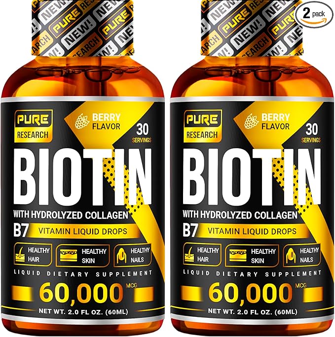 PURE RESEARCH Biotin & Collagen 60,000mcg Hair Growth Liquid Drops, Supports: Strong Nails, Glowing Skin, Healthy Hair Growth, More Absorption Than Capsules & Pills (4Fl Oz)