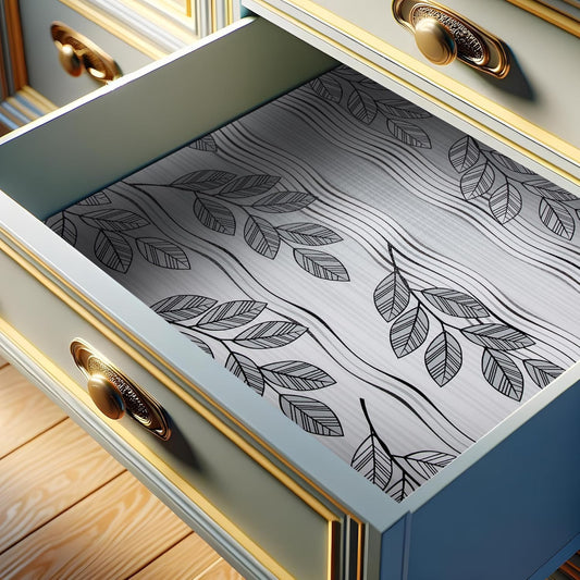 RAY STAR 18X96 Inch Shelf Liner for Kitchen Cabinets, Non-Adhesive Cabinet Liner Washable, PVC Drawer Liner for Dresser Non-Slip Bathroom (Grey Leaf)(1 Roll)