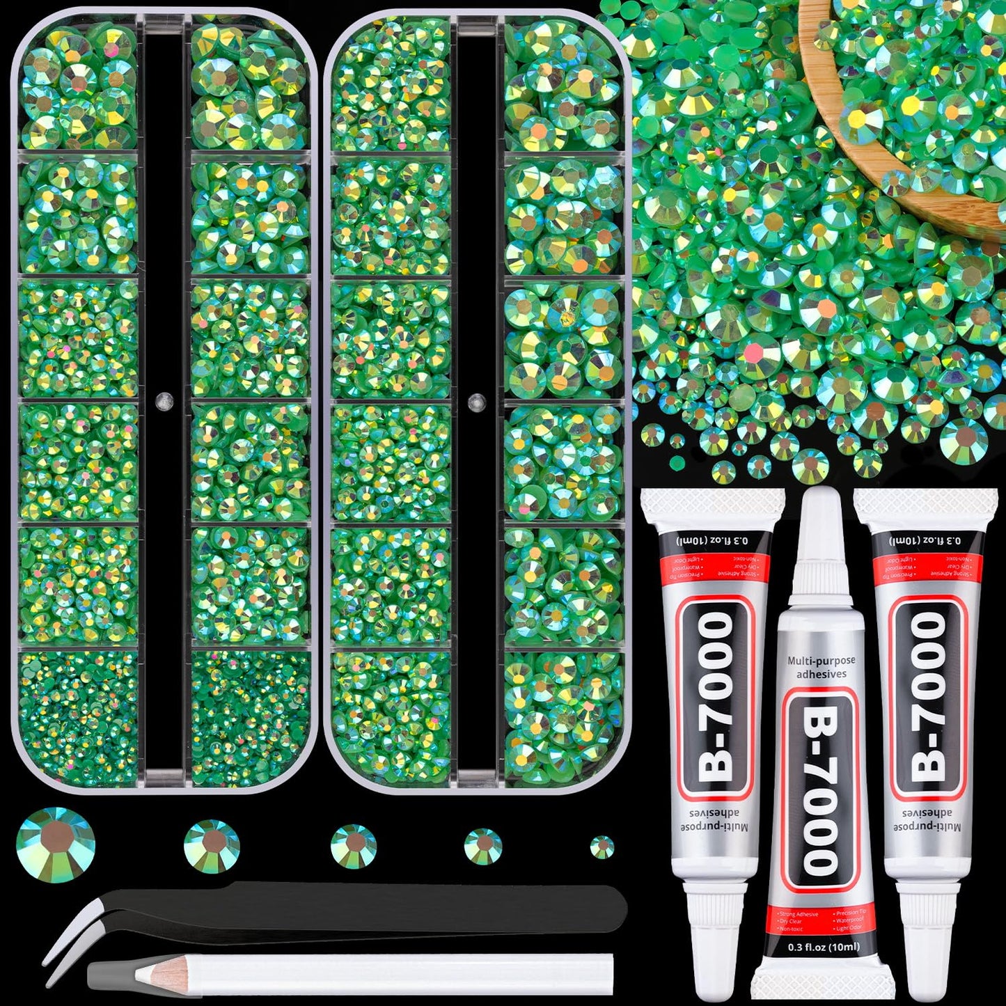 Resin Jelly Rhinestones for Crafting with B7000 Jewelry Glue, 2 Boxes Dark Green AB Flatback Crystals with 3Pcs 10ml Glue, Bedazzling Non Hotfix Gems for DIY Tumblers Clothing Shoes Manicure