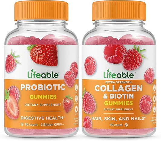 Lifeable Probiotic 2 Billion CFU + Collagen & Biotin, Gummies Bundle - Great Tasting, Vitamin Supplement, Gluten Free, GMO Free, Chewable Gummy