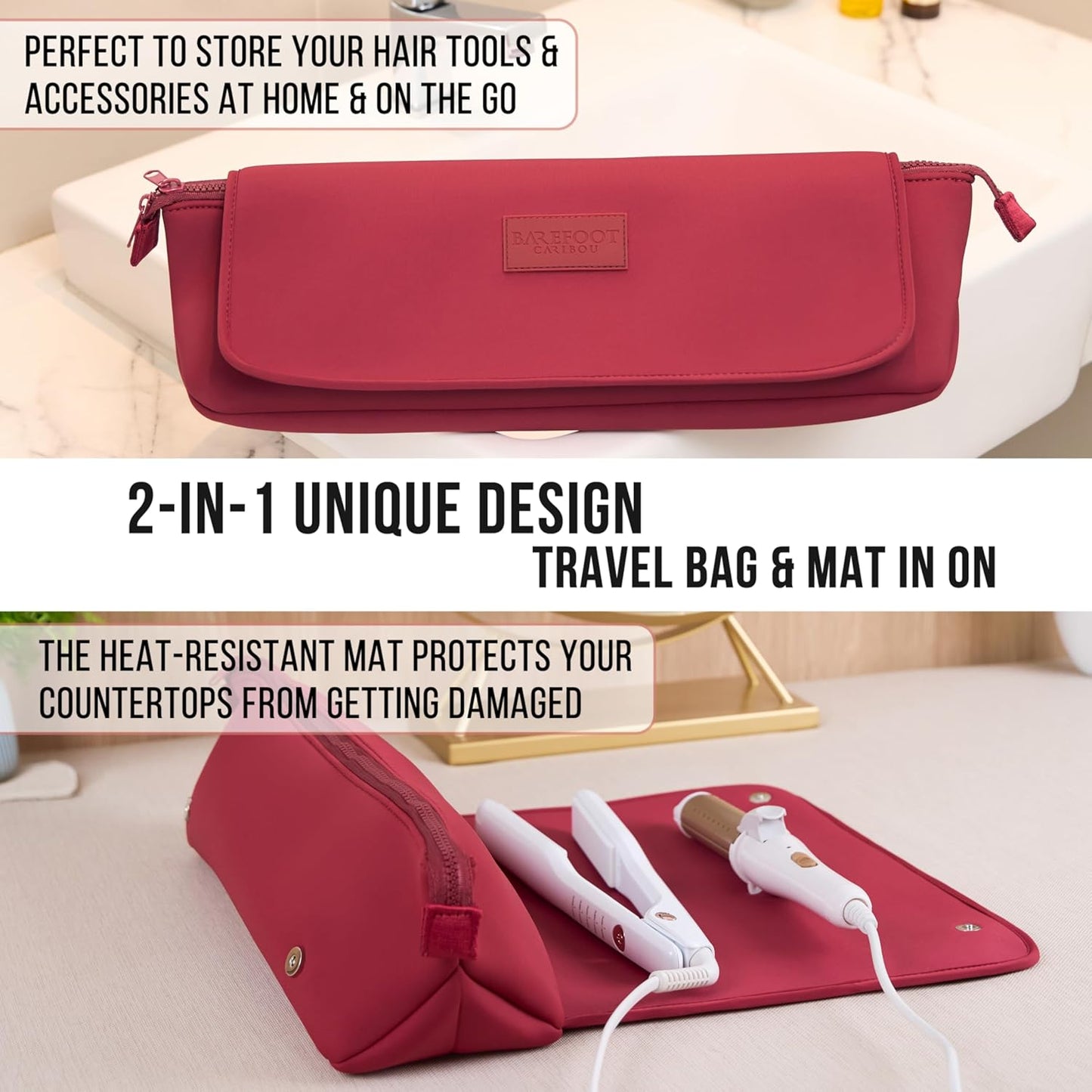 BAREFOOT CARIBOU Hair Tools Travel Bag and Heat Resistant Mat for Flat Irons, Straighteners, Curling Iron, and Haircare Accessories, 2-in-1 design, with Interior Pockets, Portable Organizer