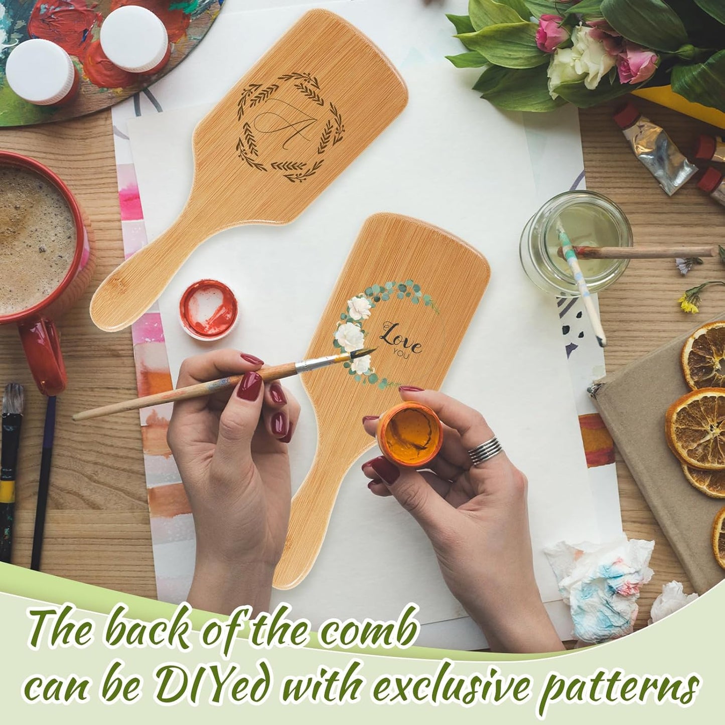 Tessco for you 12 Pcs Christmas Bamboo Hair Brushes Thanksgiving Bulk Wooden Paddle Brush Scalp Massage Bristle Anti Static Engraving DIY Gift for Women Wedding(9.65'' X 3.35'',Black)