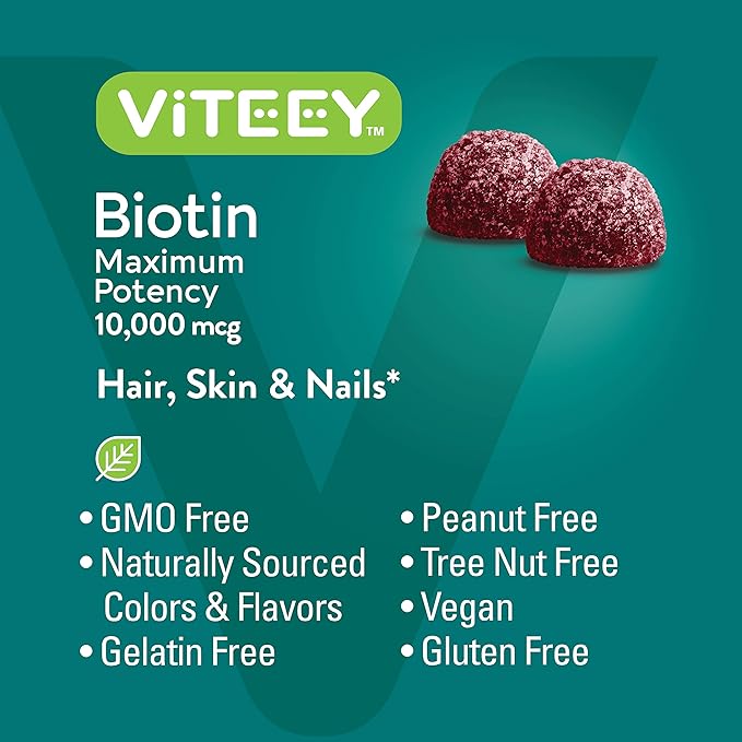 Biotin Gummies for Hair Skin Nails 10,000mcg - Hair Growth Gummies, Healthy Skin Glow, Strong Healthy Nail Growth - Vegan, Gluten Free, Gelatin Free, GMO Free - Tasty Chewable Raspberry Flavor