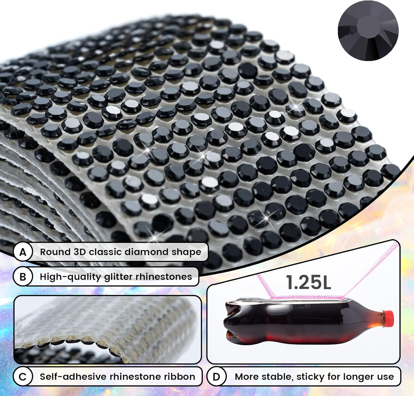Novani Self Adhesive Rhinestone Ribbon, 1.53 Inch Wide 3 Yards 1 Roll, Black Crystal Diamond Bling Strips for DIY Crafts, Home Decor, Clothing,Shoes, Car Decoration（Black）