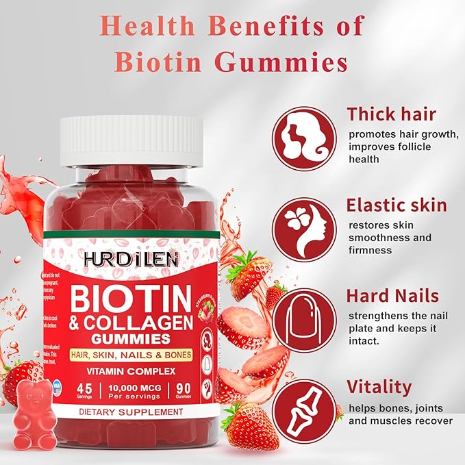 Hair Skin and Nails Gummies, 10000mcg Biotin Collagen Gummies for Women & Men, Vitamin Supplements Supports Faster Hair Growth, Stronger Nails, Healthy Skin, Strength Bone, 90 Gummies