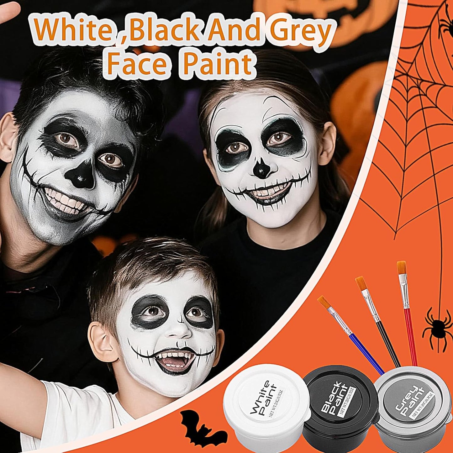 White Black Grey Face Body Paint for Halloween Makeup, Face Paint Kit with Brushes, Non-Irritating, for Adults & Kids, Full-Coverage SFX Makeup Kit for Clown, Zombie, Skeleton, Mime, Cosplay