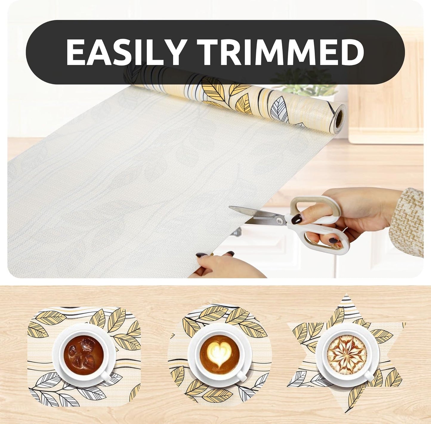 RAY STAR 12X120 Inch Shelf Liner for Kitchen Cabinets, Non-Adhesive Cabinet Liner Washable, PVC Drawer Liner for Dresser Non-Slip Bathroom (Beige Leaf)(1 Roll)