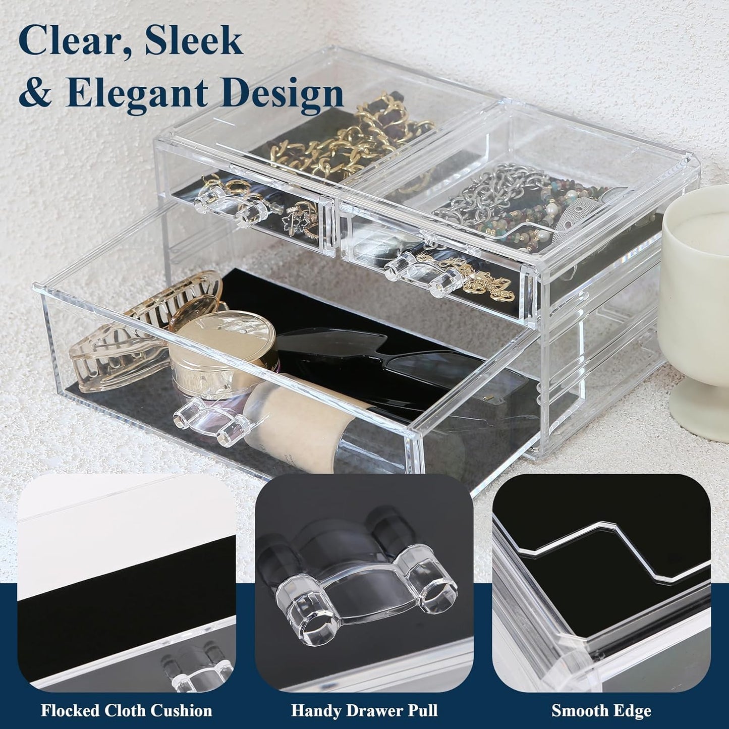 Sea Team Clear Makeup Organizer with Drawers, Acrylic Plastic Cosmetic Display Case, Jewelry Storage Box, Holder for Dresser, Bathroom, Vanity, Countertop (1 Large, 2 Small Drawers)