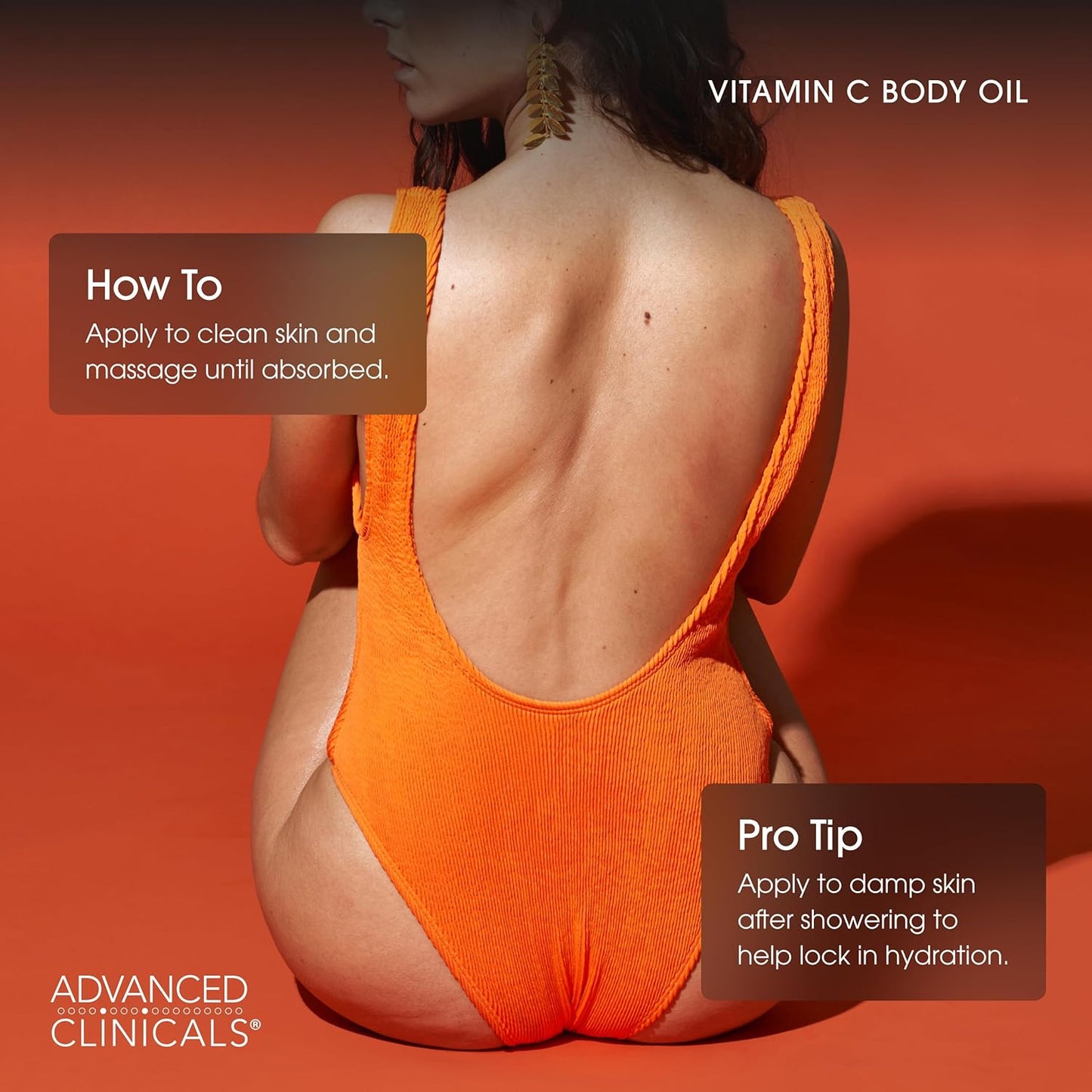 Advanced Clinicals Vitamin C Brightening Body Oil For Women & Men | Vitamin C Glow Oil Skin Care Body Moisturizer With Vitamin E + Botanicals To Help Improve Look Of Dark Spots + Dry Skin, 12 Fl Oz