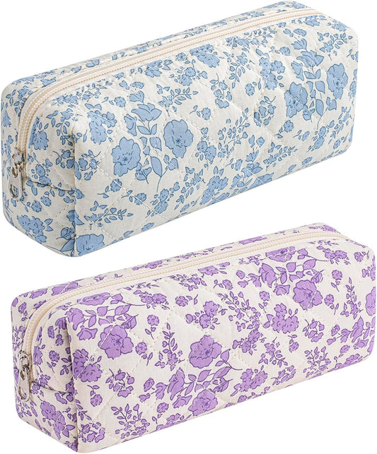 Cute Floral Cotton Makeup Brush Cosmetic Bag for Women, Travel Quilted Zipper Make Up Bag, Flowers Toiletry Organizer Case Kawaii Makeup Cosmetic Travel Cloth Pouch (Blue+Big Purple Floral)