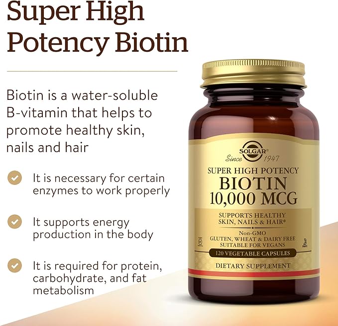 Solgar Biotin 10000 mcg Vegetable Capsules Energy Metabolism Promotes Healthy Skin Nails Hair Super High Potency NonGMO Vegan Gluten Free Dairy Free Kosher Servings, Standard Packaging, Unflavored, 120 Count