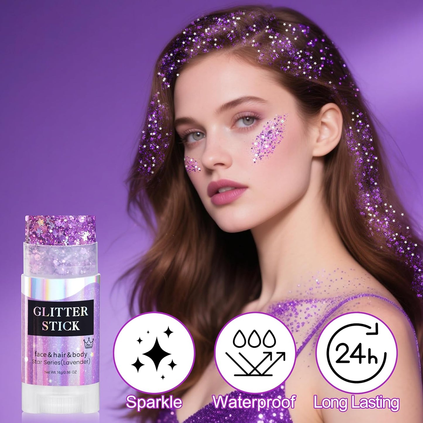 MEICOLY Light Purple Face Body Glitter Stick,Hair Glitter Stick for Kids and Women,Sparkle Chunky Glitter Makeup,Waterproof Face Glitter for Halloween Party Rave Festival